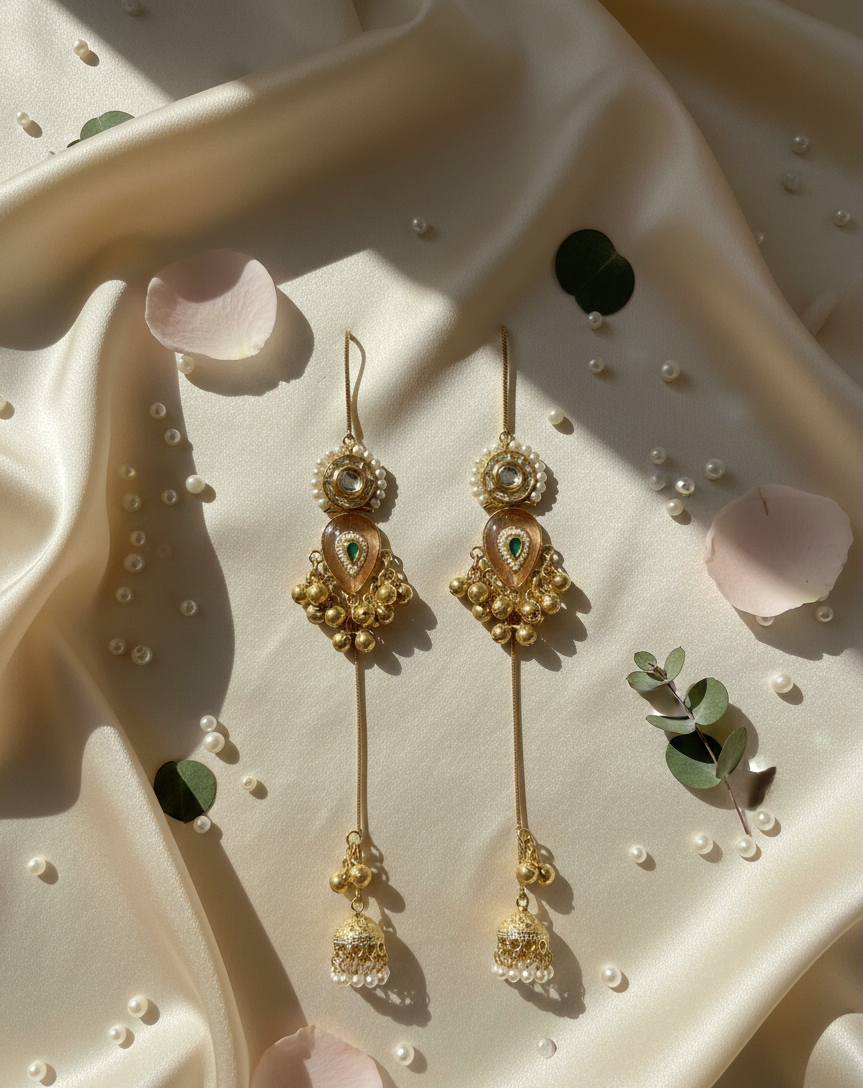 Kundan Long Earrings with Pearl Cluster & Jhumka Drop