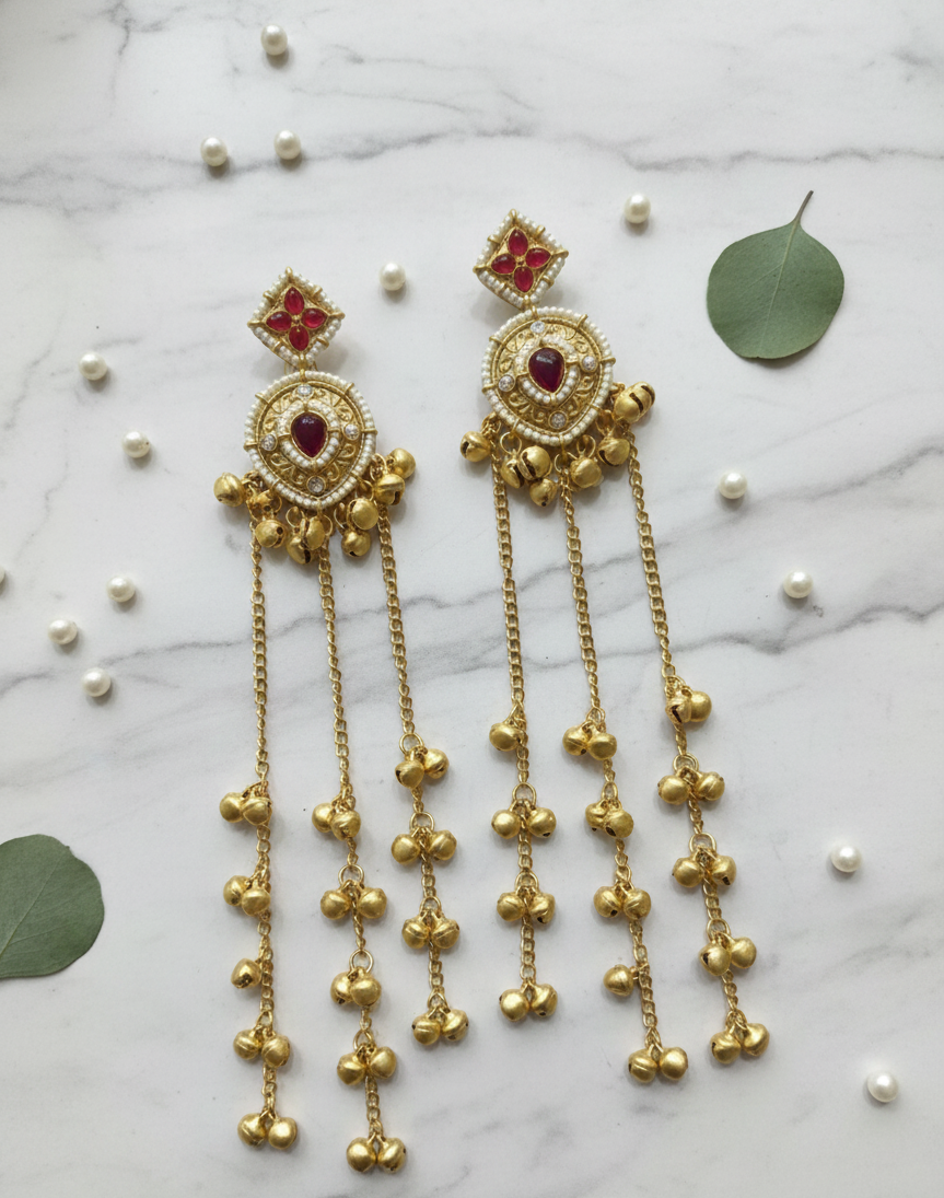 “Gold-Plated Temple Jhumka Earrings with Ruby Stones and Multi-Layer Ghungroo Chains”
