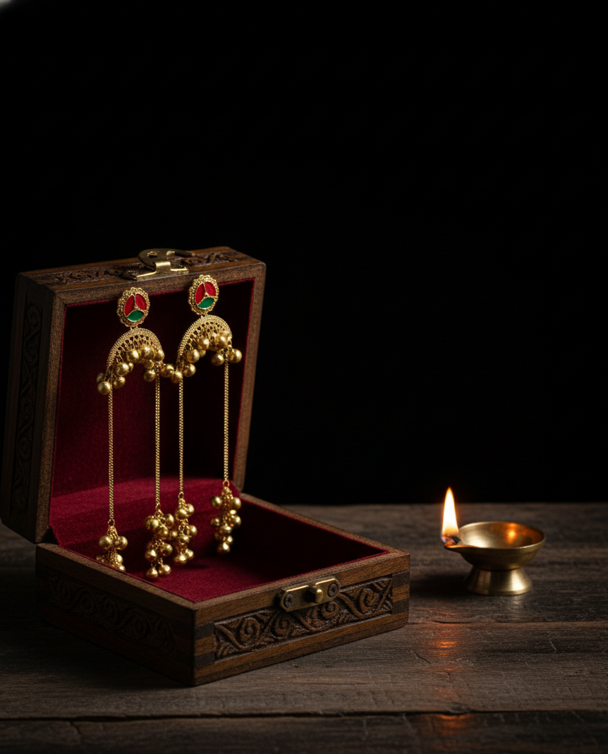 Gold-Plated Long Dangle Earrings with Red & Green Enamel Detailing