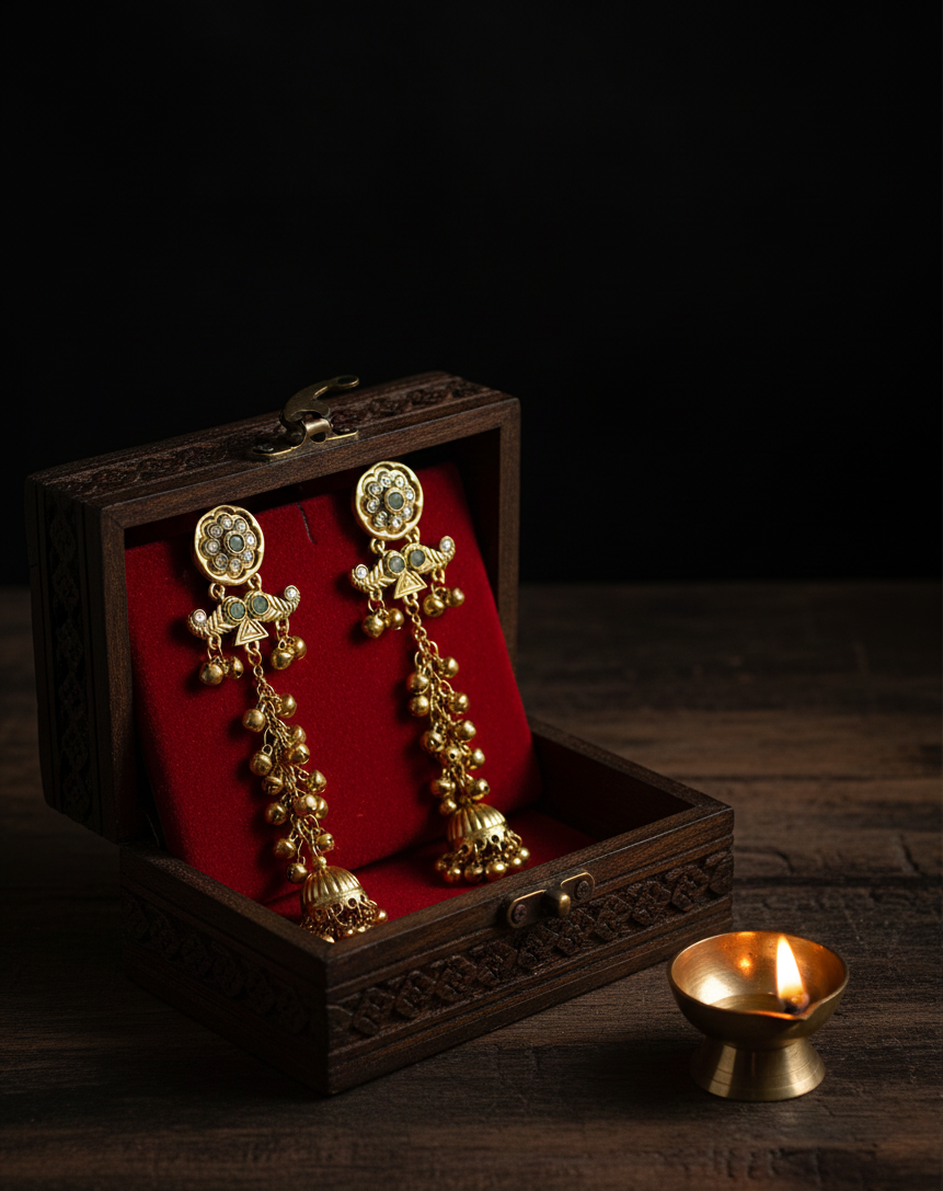 Gold-Plated Long Jhumka Earrings with Green Stone Detailing