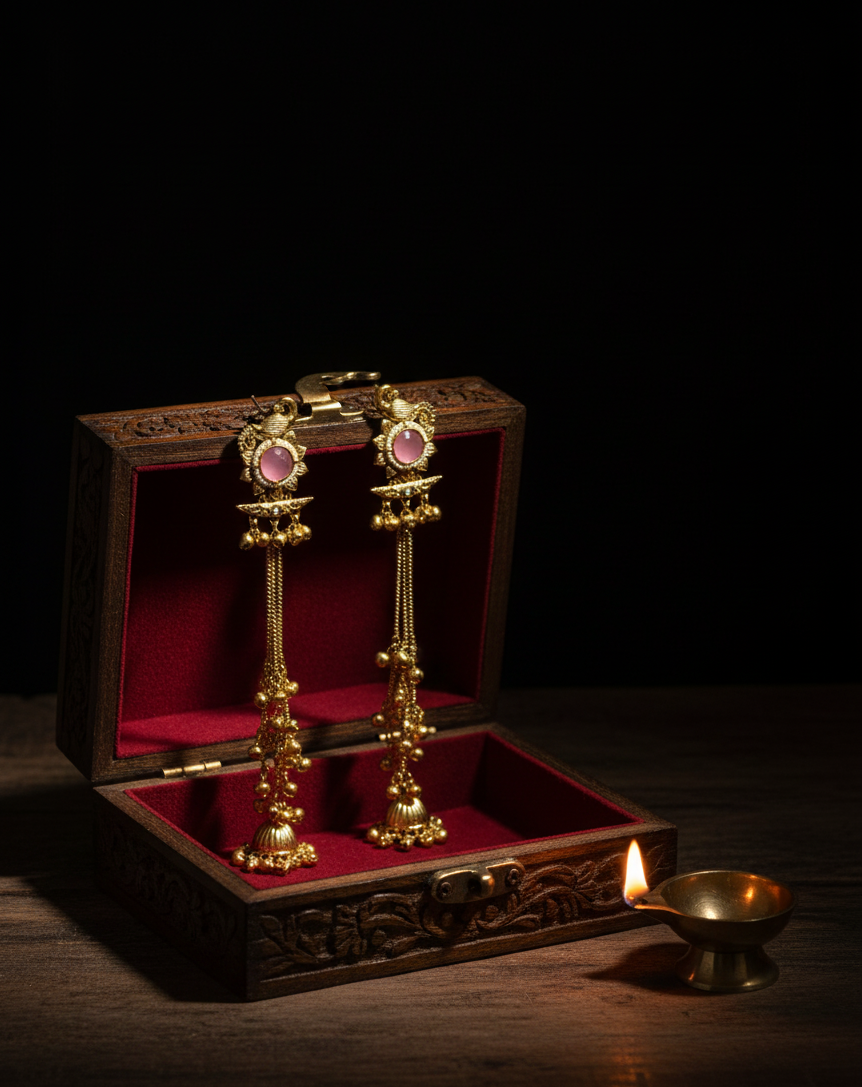 Gold-Plated Long Peacock Jhumka Earrings with Pink Stone
