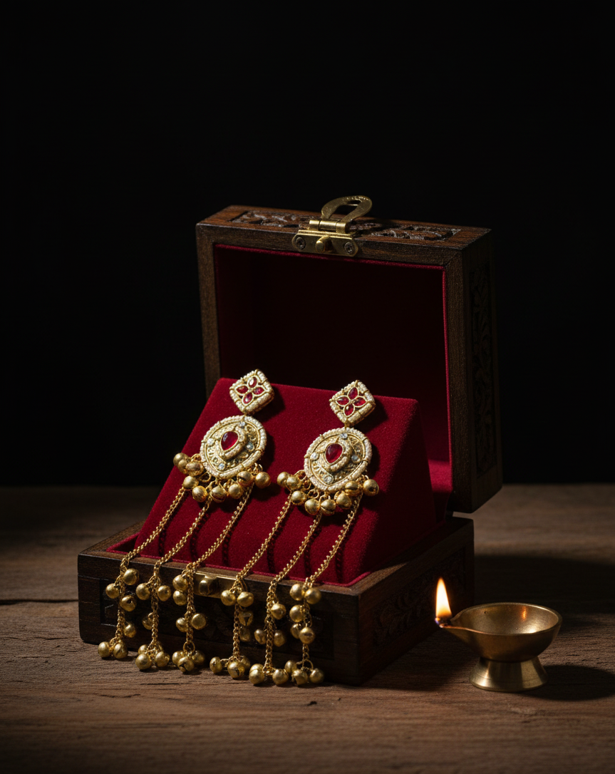 “Gold-Plated Temple Jhumka Earrings with Ruby Stones and Multi-Layer Ghungroo Chains”
