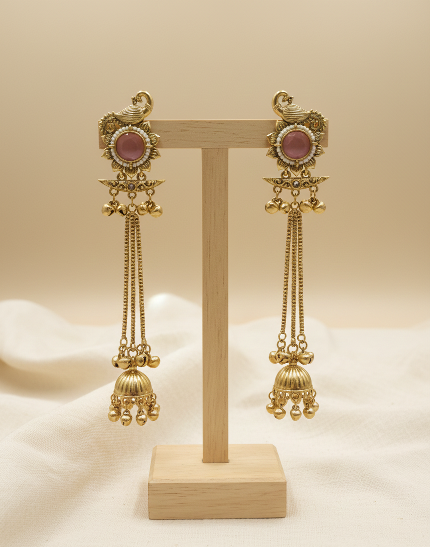 Gold-Plated Long Peacock Jhumka Earrings with Pink Stone