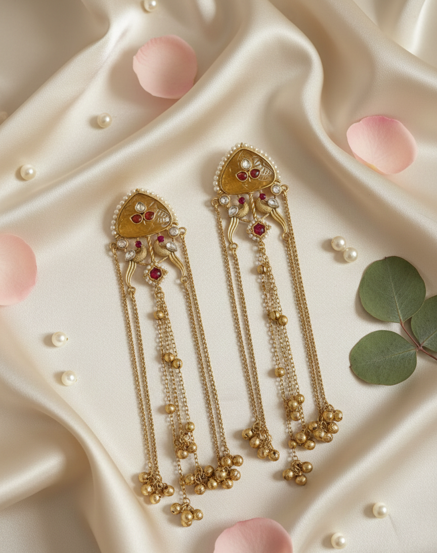 Gold-Plated Traditional Long Jhumka Earrings with Kundan & Pearl Detailing