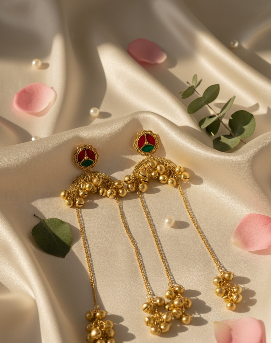 Gold-Plated Long Dangle Earrings with Red & Green Enamel Detailing