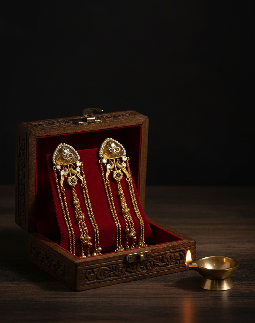 Gold-Plated Traditional Long Jhumka Earrings with Kundan & Pearl Detailing
