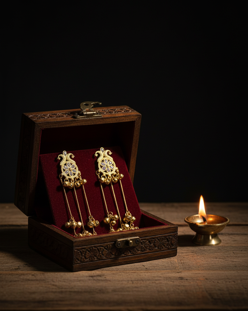 Designer Gold-Plated Ethnic Earrings with Triple-Layered Drops & Pearls