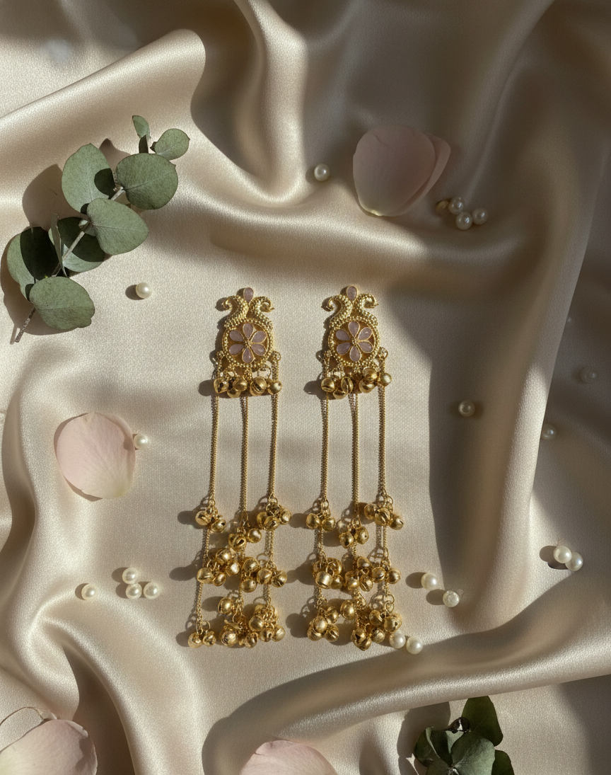 Designer Gold-Plated Ethnic Earrings with Triple-Layered Drops & Pearls
