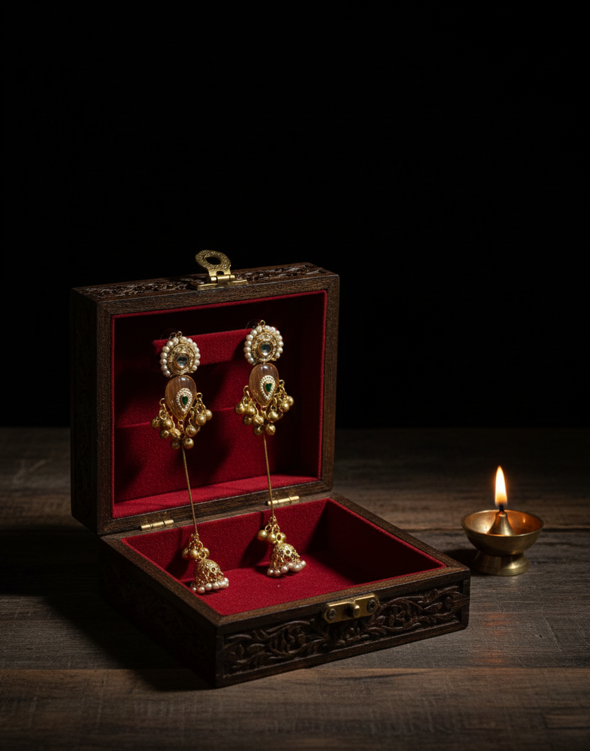 Kundan Long Earrings with Pearl Cluster & Jhumka Drop