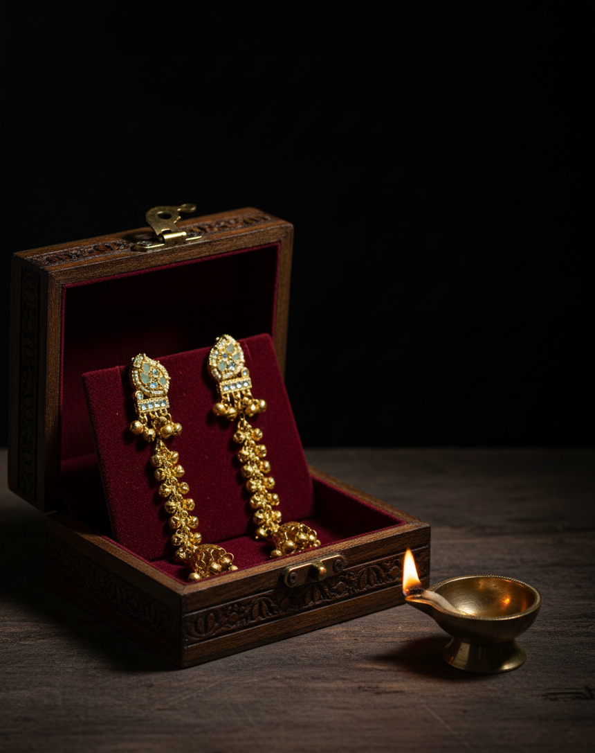Kashmiri Golden Jhumka Tassel Earrings